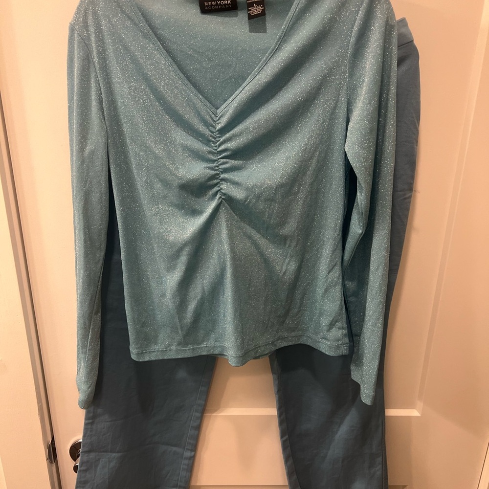 New York & Company Blue Straight Leg Pants & Top Set